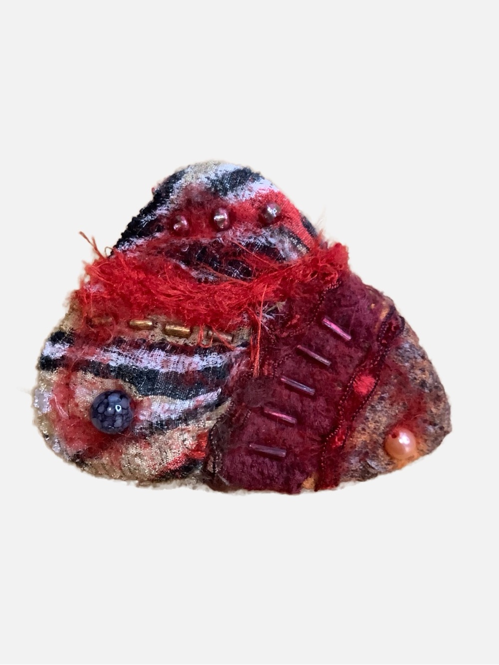 Handcrafted Artisan Red Wool Felt Mixed Media Brooch Pin Beaded